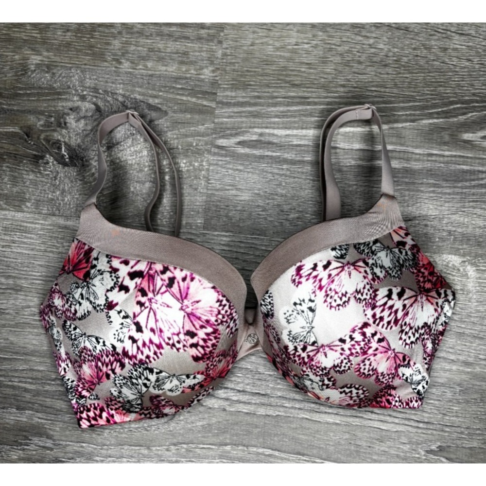 Victoria's Secret Push Up Pigeonnant Bra Tan Pink Black Butterfly 34D‎